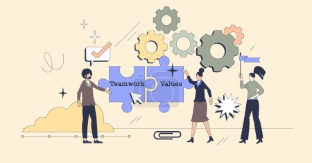 Illustration for Employee engagement from teamwork and values neubrutalism tiny person concept. Work motivation and satisfaction from company leadership and loyalty vector illustration. Business staff management. - Royalty Free Image