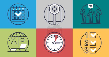 Illustration for Time management for effective business work organization outline grid concept. Task efficiency and productive schedule for precise work flow vector illustration. Job planning for productivity boost. - Royalty Free Image