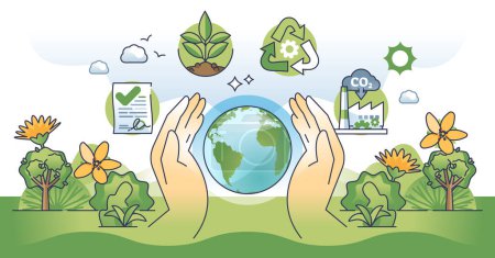La política medioambiental y los principios de protección de la naturaleza esbozan el concepto práctico. Normas comerciales con acuerdos sostenibles, uso de materiales verdes para la fabricación y el reciclaje de ilustración vectorial.