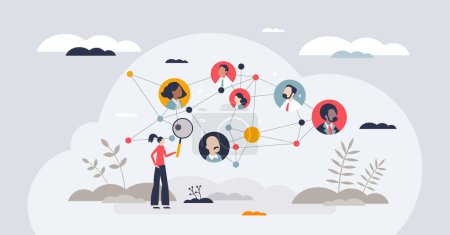 Illustration for People analytics and HR data research for effective teamwork tiny person concept. Sociological monitoring and analysis with human resources data collecting and transforming vector illustration. - Royalty Free Image