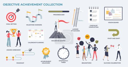 Illustration for Objective achievement and goal milestone reaching tiny person collection set. Labeled elements with business challenge planning, vision, teamwork and effective time management vector illustration. - Royalty Free Image