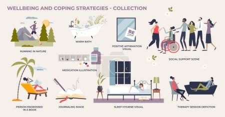 Illustration for Wellbeing or coping strategies for mental wellness tiny person collection set. Labeled elements with activities for calm mind and psychological emotion control vector illustration. Relaxation methods - Royalty Free Image