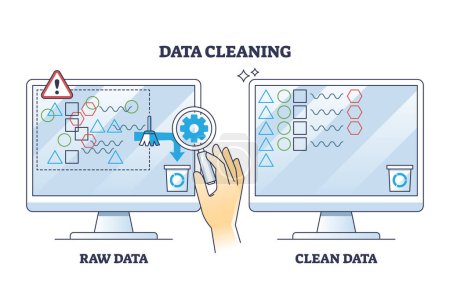 Data cleaning and raw information removing from storage outline diagram. Labeled scheme with before and after examining database and sorting files vector illustration. Digital information management.