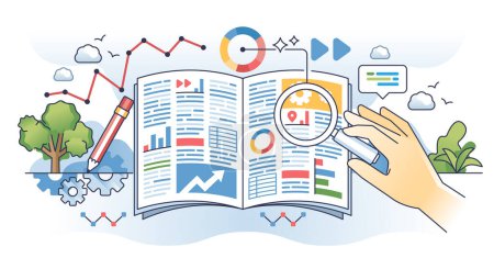 Illustration for Data journalism and media article information research outline hands concept. Daily paper content fact check and reportage analytics vector illustration. Published newspaper article analyzing. - Royalty Free Image