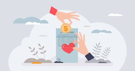Illustration for Giving campaigns and financial money donation box tiny person hands concept. Poverty awareness, social assistance and volunteering projects vector illustration. Donate finance for humanitarian aid. - Royalty Free Image