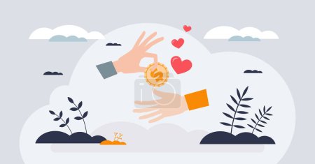 Illustration for Charity and donation as financial support to poor tiny person hands concept. Money assistance as economical humanitarian help from philanthropy community vector illustration. Social solidarity. - Royalty Free Image
