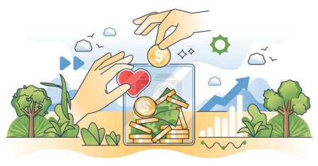 Illustration for Giving campaigns with financial donation savings outline hands concept. Help with money and give hope to poor social groups vector illustration. Finance assistance and income share as solidarity. - Royalty Free Image
