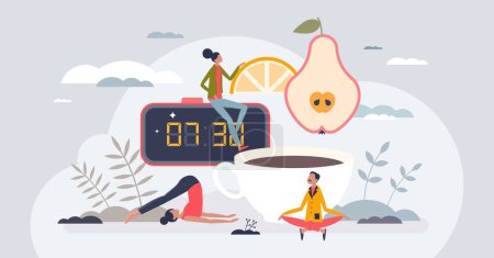 Illustration for Morning routines as activities after waking up from sleep tiny person concept. Alarm clock, healthy breakfast, coffee drinking and morning yoga ritual for body and mind wellness vector illustration. - Royalty Free Image