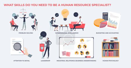 Illustration for Required human resources skills and competences tiny person collection set. Labeled elements with HR work abilities and skill set necessary for professional successful HR career vector illustration. - Royalty Free Image