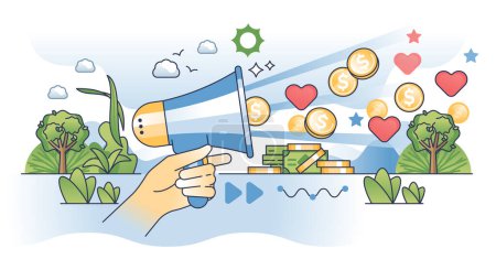Illustration for Nonprofit fundraising campaign with money gathering outline hands concept. Public activities for financial donation awareness vector illustration. Social media ads and advertisement to raise cash. - Royalty Free Image