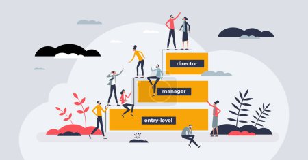 Illustration for Career ladder for professional growth and development tiny person concept. Personal progress in company positions as motivation for achievements vector illustration. Climb steps for job promotion. - Royalty Free Image