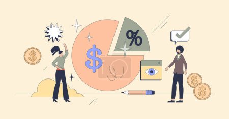 Illustration for Commission percentage as interest of deal tiny person neubrutalism concept. Profit calculation with financial percent analysis vector illustration. Calculation about revenue, earnings and tax rate. - Royalty Free Image