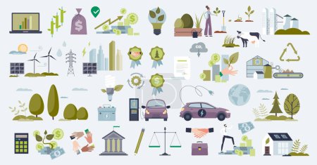 Illustration for Sustainable investment or green business objects in tiny person collection set. Elements with environmental continuous manufacturing, ecological ESG practices for financial profit vector illustration - Royalty Free Image