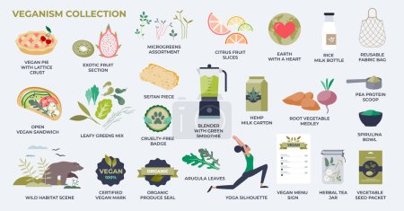 Veganism, vegetarianism and healthy eating habits tiny person collection set. Labeled elements with leafy vegetables, smoothies and nature friendly meal ingredients without meat vector illustration.