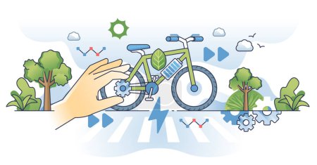Ilustración de Bicicletas eléctricas y bicicletas alimentadas con electricidad perfilan el concepto de manos. Micro bicicleta de movilidad para un transporte efectivo y sostenible en el entorno urbano ilustración vectorial. Actividad ciclista. - Imagen libre de derechos