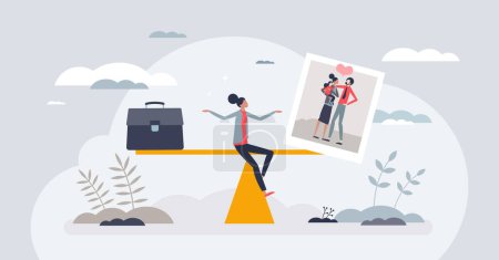 Illustration for Work life balance as equal time for career and family tiny person concept. Scale with professional life and relationship values vector illustration. Lifestyle management on seesaw visualization. - Royalty Free Image