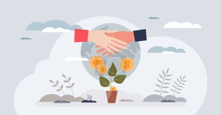 Illustration for Impact investing with environmental, sustainable finances tiny person concept. Nature friendly or ecological project funding with green money vector illustration. Global economy sustainability growth - Royalty Free Image