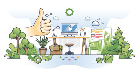 Illustration for Job satisfaction and employee work place appreciation outline hands concept. Productivity and effective motivation from suitable environment in office vector illustration. Happy and loyal employee. - Royalty Free Image