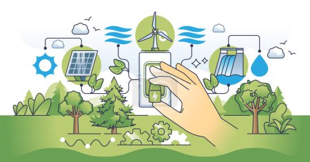 Illustration for Clean energy shift and choosing green power production outline hands concept. Renewable and alternative electricity sources with solar, wind and hydroelectricity eco choices vector illustration. - Royalty Free Image
