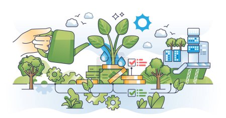 Illustration for Sustainable growth and green investments development outline hands concept. Financial profit increasing with environmental and renewable resources usage vector illustration. ESG market financing. - Royalty Free Image