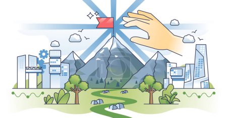 Illustration for Objective achievement and successful goal reach outline hands concept. Aiming on top of mountain as personal or business ambitions and motivation vector illustration. Opportunity and target reaching. - Royalty Free Image