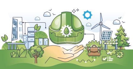 Green jobs and nature friendly industry development outline hands concept. Sustainable and environmental occupation in renewable energy sector vector illustration. Work with clean power generation.