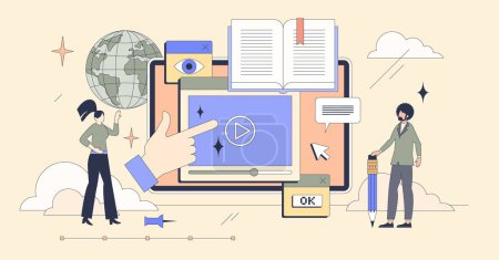 Illustration for E-learning platforms using online websites tiny person neubrutalism concept. Education and learning software for distant knowledge and academic growth vector illustration. Digital training course. - Royalty Free Image