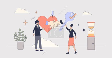 Employee retention for work engagement and loyalty tiny person neubrutalism concept. Staff management with motivational rewards and human resources labor satisfaction program vector illustration.