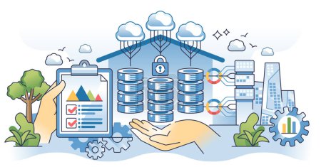 Data warehousing and information storage management outline hands concept. Secured and safe file database upload in cloud servers vector illustration. Hosting with cyber infrastructure as service.