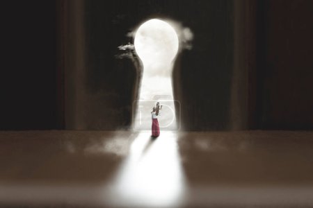 Photo for Surreal woman walks to freedom carrying a key to open the lock, abstract concept - Royalty Free Image