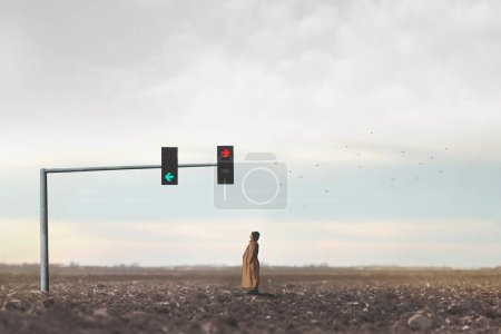 Téléchargez les photos : Femme surréaliste observe les flèches d'un feu de circulation au milieu du désert, concept de choisir une direction dans la vie - en image libre de droit