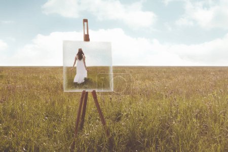 woman walking surreally inside a painting in a meadow, abstract concept