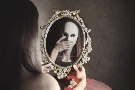 Photo for Reflection of a woman with mask in front of the mirror with her hand in front of her mouth to keep quiet, abstract concept - Royalty Free Image