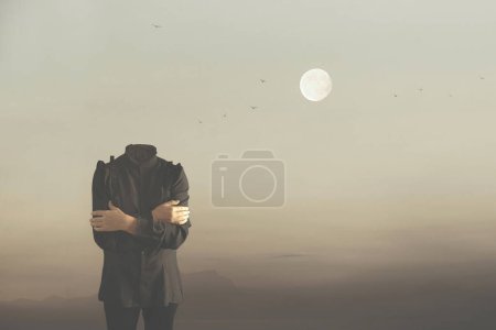 Téléchargez les photos : Femme sans tête surréaliste avec une lune illuminant son derrière, concept abstrait - en image libre de droit