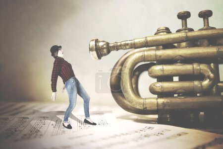 surreal woman tries to play a giant trumpet, abstract concept