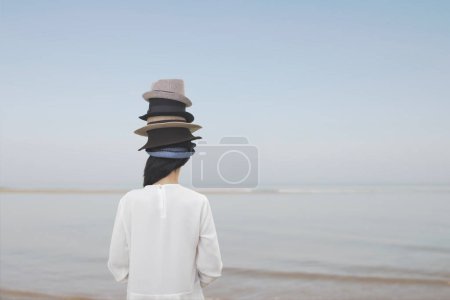 surreal woman from behind wears countless hats on her head, abstract concept