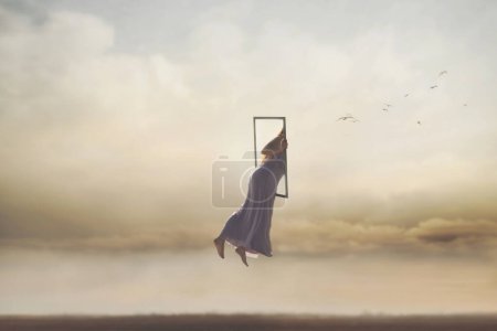 surreal and magical journey of a woman who disappears from the real world through a frame, merging into the sky, abstract concept