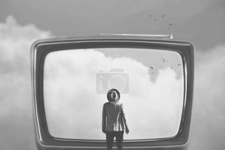 Photo for Man looking at the sky imprisoned in a surreal tv, abstract concept - Royalty Free Image