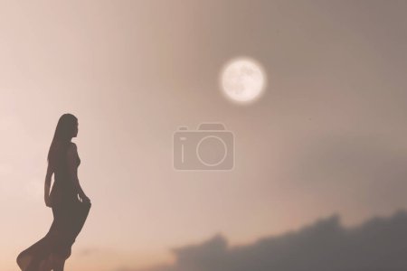 Frau tanzt Backlight beleuchtet von einem surrealen Mond, Energiekonzept