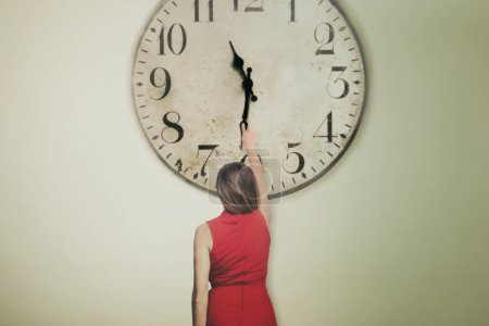 surreal woman tries to change the time, abstract concept