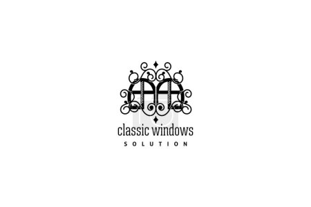 Illustration for Template logo design solution for wood windows factory, classic windows manufacturer, windows production, sawmill post production - Royalty Free Image