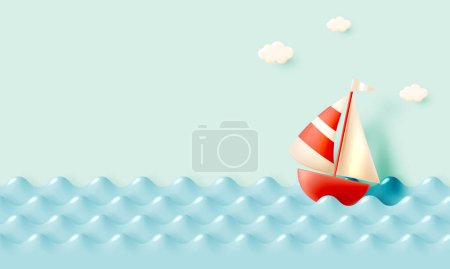 Téléchargez les illustrations : Cute boat in the ocean for summer season 3d style pastel color scheme vector illustration - en licence libre de droit