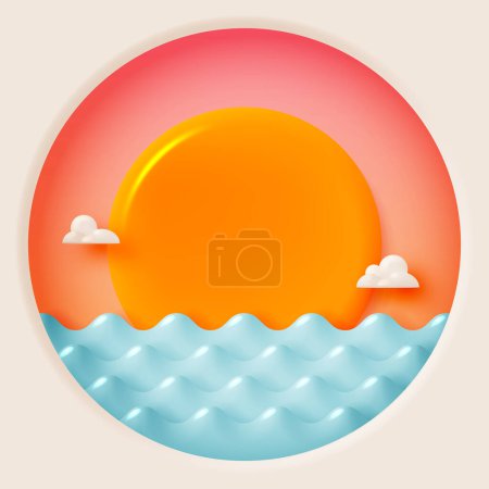 Téléchargez les illustrations : Océan et soleil pour la saison d'été illustration vectorielle de schéma de couleurs pastel de style 3d - en licence libre de droit