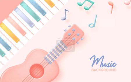Illustration for Guitar or Ukulele with Music notes, song, melody or tune 3d realistic vector icon for musical apps and websites background vector illustration - Royalty Free Image
