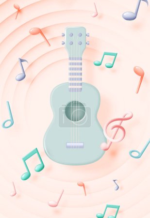 Ilustración de Guitar or Ukulele with Music notes, song, melody or tune 3d realistic vector icon for musical apps and websites background vector illustration - Imagen libre de derechos