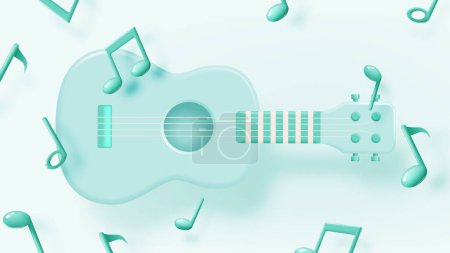 Téléchargez les illustrations : Guitar or Ukulele with Music notes, song, melody or tune 3d realistic vector icon for musical apps and websites background vector illustration - en licence libre de droit