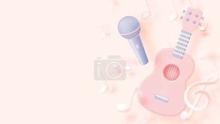 Téléchargez les illustrations : Guitar or Ukulele with Music notes, song, melody or tune 3d realistic vector icon for musical apps and websites background vector illustration - en licence libre de droit