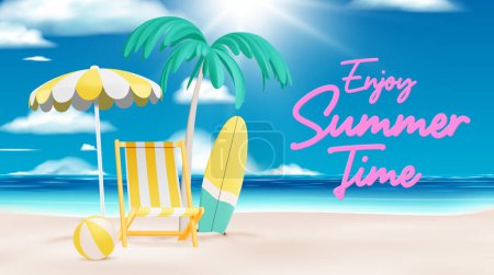 Téléchargez les illustrations : Chaise longue pour les choses d'été et de plage dans un style d'art réaliste 3D avec illustration vectorielle couleur pastel - en licence libre de droit