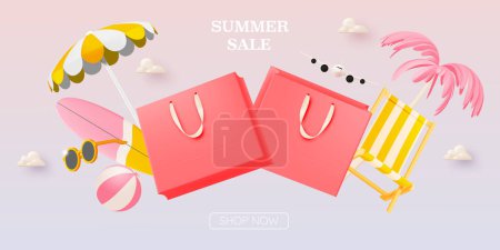 Ilustración de Bolso de compras para el banner de la venta del verano en el estilo del arte 3d y la ilustración del vector del fondo de playa - Imagen libre de derechos