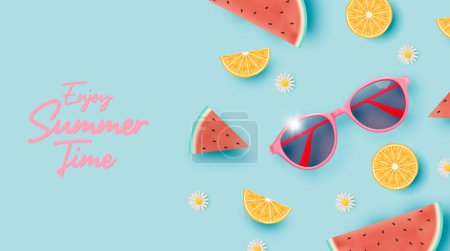 Téléchargez les illustrations : Lunettes de soleil et fruits tropicaux dans le style d'art 3d mignon et illustration vectorielle de couleur pastel - en licence libre de droit